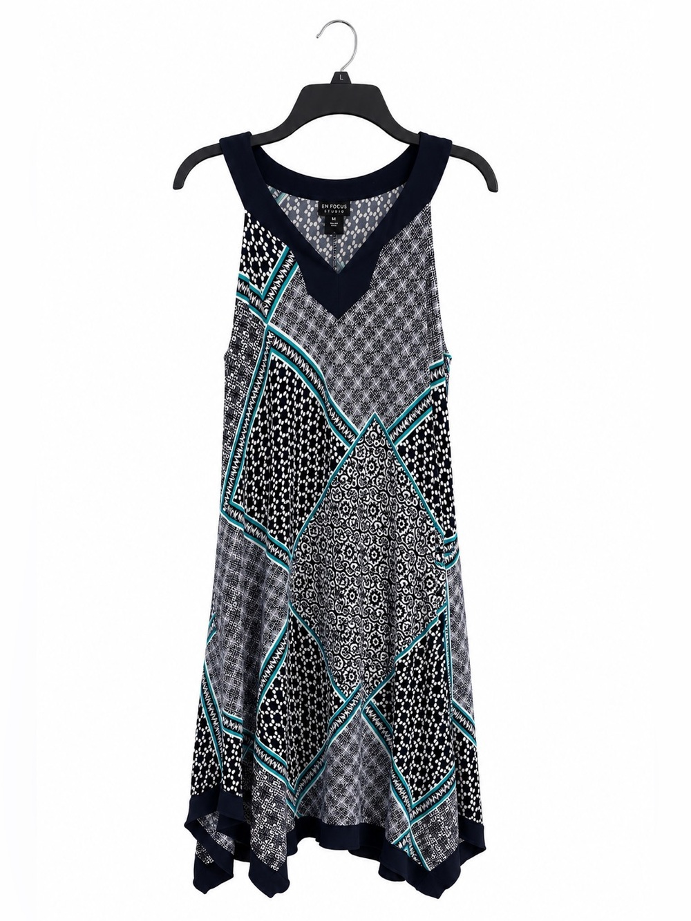 Enfocus Studio Sleeveless Shift Dress – Women’s Size 14 – Navy Patchwork Print